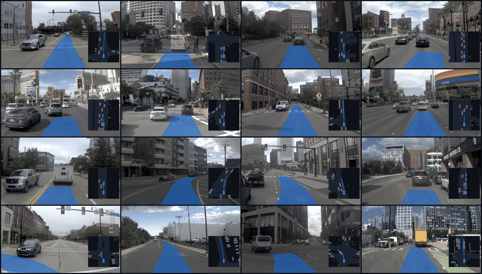 4 by 4 grid of navhard Stage 1 interaction scenes with the student's planned trajectory in blue and a bird's-eye-view inset.