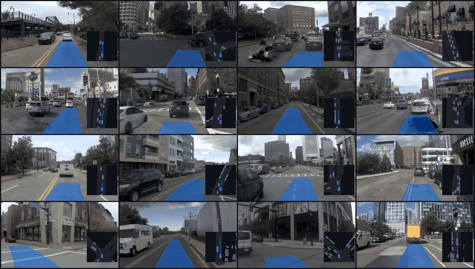4 by 4 grid of navhard Stage 2 interaction scenes, the perturbed follow-up starts, with the student's planned trajectory in blue and a bird's-eye-view inset.