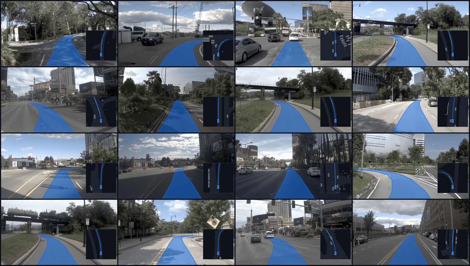 4 by 4 grid of navtest scenes: front-camera views with the student's planned trajectory in blue and a bird's-eye-view inset.